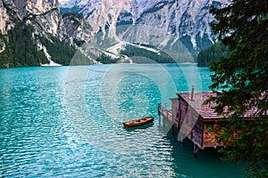 Lake of Braies on the Dolomites, Italy