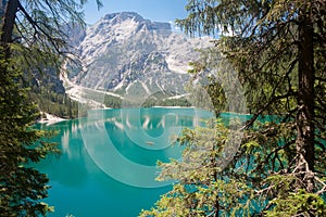 Lake Braies in the Dolomites with the Seekofel mountain in the b