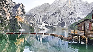 Lake Braies with floating boats