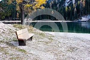 Lake Braies at autumn sunny day. Beautiful landscape scene of Braies lake. Italy, Dolomites mountains