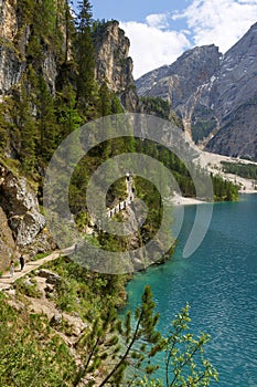 Braies lake tour, the path that surrounds Lake Braies. Dolomites, northern Italy, Europe photo