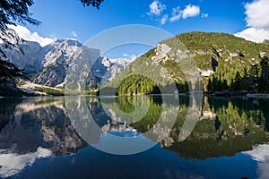 Lake Braies and Mountain Peak of Croda del Becco - Trentino Italy