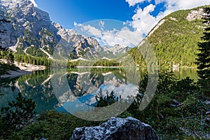 Lake Braies and Mountain Peak of Croda del Becco - Trentino Italy