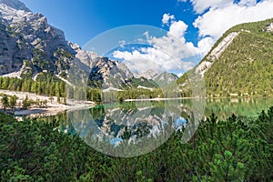 Lake Braies and Mountain Peak of Croda del Becco - Trentino Italy