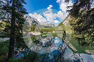 Lake Braies and Mountain Peak of Croda del Becco - Trentino Italy