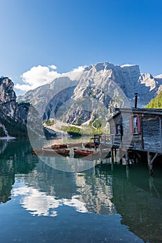 Lake Braies and Mountain Peak of Croda del Becco - Trentino Italy