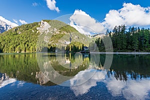 Lake Braies and Mountain Peak of Croda del Becco - Trentino Italy