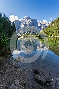 Lake Braies and Mountain Peak of Croda del Becco - Trentino Italy