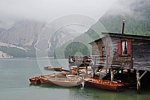 Lake Braies in a rainy summer day, Dolomite Alps.