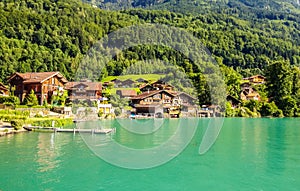 Lake Brienz Brienzersee Embankment Scenery view from cruise boat, Interlaken, Switzerland, Europe photo