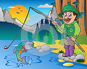 Lake with cartoon fisherman 1 photo