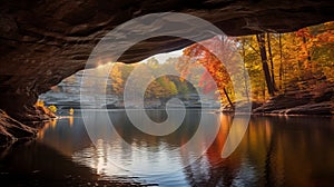 Lake Cave With Fall Colors: A Stunning Nature-inspired Uhd Image