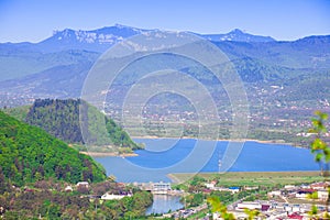 Lake and Ceahlau mountain seen from Piatra Neamt, Romania