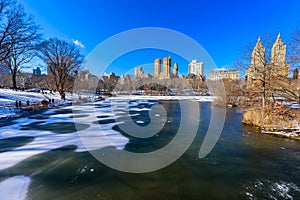 Lake in the Central Park of New York City in winter scenery, USA
