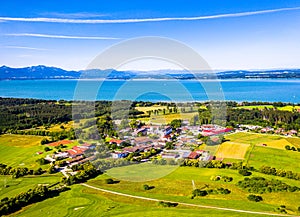 Lake Chiemsee Ising Bavaria. Aerial Panorama. Landscape. Agriculture Fields