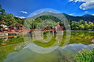 Lake Ciucas leisure complex from Baile Tunsad resort, Transylvania, Harghita county, Romania