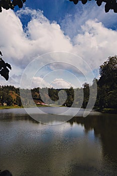 the lake combines with the sky and thick clouds during the day