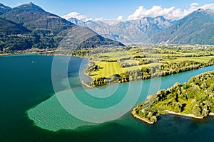 Lake Como IT, Mouth of the river Adda in the lake, aerial