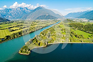 Lake Como IT, Mouth of the river Adda in the lake, aerial
