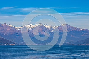 Lake Como with snow mountain in background Lecco, Lombardy, Ital