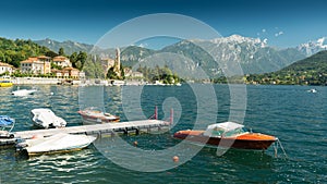 Lake Como at Tremezzo with beautiful nostalgic wooden speedboat