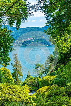 Lake Como viewed from Botanical garden at Villa Carlotta at Tremezzo, Italy