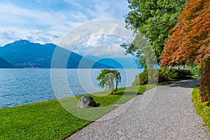 Lake Como viewed from Botanical garden at Villa Melzi at Bellagio, Italy