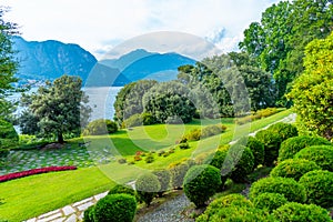 Lake Como viewed from Botanical garden at Villa Melzi at Bellagio, Italy