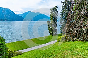 Lake Como viewed from Botanical garden at Villa Melzi at Bellagio, Italy