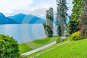 Lake Como viewed from Botanical garden at Villa Melzi at Bellagio, Italy