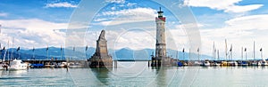 Lake Constance, panoramic view of harbor entrance in Lindau island, Germany