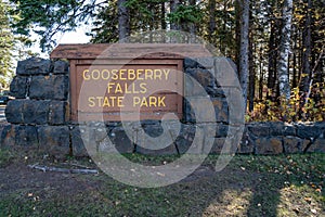 Lake County, Minnesota - October 20, 2019: Sign for Gooseberry Falls State Park, famous for the large waterfall and hiking trails