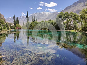 Lake with crystal clear water and mountains