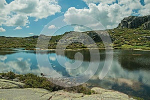 Lake from dam in a rocky terrain on highlands