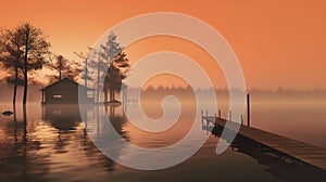 A lake at dawn, with a wooden house and a wooden dock, and fog floating over the calm waters