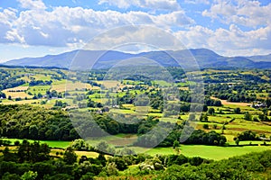 Lake District countryside and mountains view near Hawkshead village England uk photo