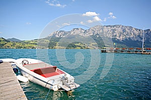 Lake district Salzburger Land Austria: View over lake Attersee - Austrian Alps