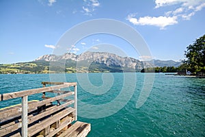 Lake district Salzburger Land Austria: View over lake Attersee - Austrian Alps