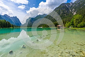 Lake Dobbiaco (Toblacher See, Lago di Dobbiaco) in Dolomite Alps, South Tirol, Italy - Travel destination in Europe