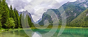 Lake Dobbiaco (Toblacher See, Lago di Dobbiaco) in Dolomite Alps, South Tirol, Italy - Travel destination in Europe