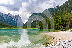 Lake Dobbiaco (Toblacher See, Lago di Dobbiaco) in Dolomite Alps, South Tirol, Italy - Travel destination in Europe