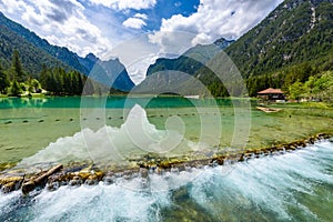 Lake Dobbiaco (Toblacher See, Lago di Dobbiaco) in Dolomite Alps, South Tirol, Italy - Travel destination in Europe