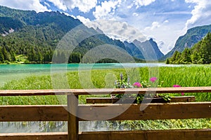 Lake Dobbiaco (Toblacher See, Lago di Dobbiaco) in Dolomite Alps, South Tirol, Italy - Travel destination in Europe