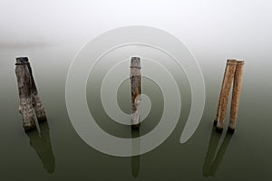 Lake dock wooden poles in the fog