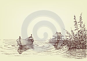 Lake drawing, empty boat on water