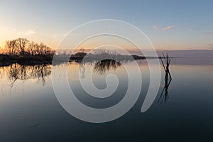 Lake at dusk with perfect reflections, wooden poles in the foreground, trees in the background and soft and warm tones