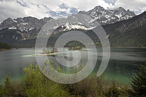 Lake Eibsee in Bavaria, Germany with view to the Zugspitze mountain