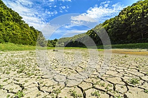 Lake eleshnitsa with cracked mud pattern in foreground
