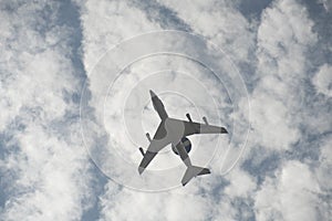 Lake Elsinore, California - June 10, 2021: United States Air Force AWACS jet flying directory overhead.