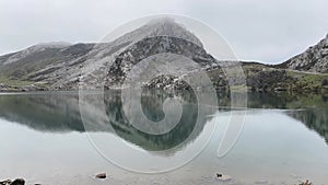 Lake Enol in the mountain of Covadonga. National Park of the Picos de Europa. Ducks in the water